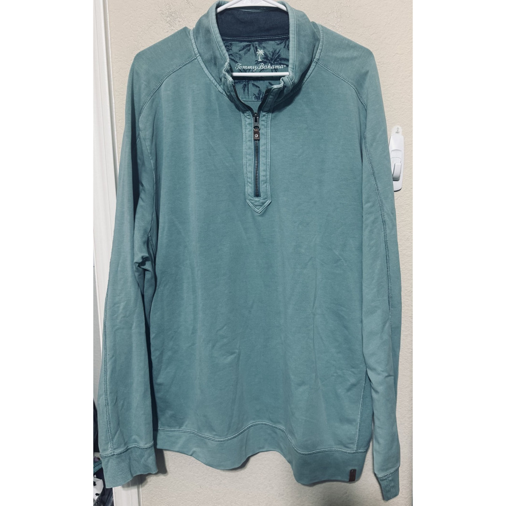Tommy Bahama Sweater Half 1/4 Zip Mens teal green XXL cotton pullover casual
